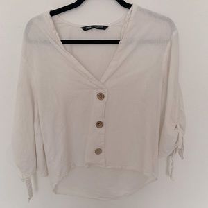 Zara Cream Linen Shirt 3/4 Sleeves with tie details on sleeves size small